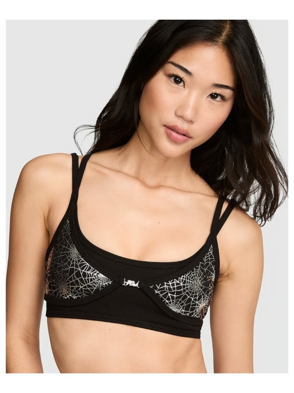 NWOT VS PINK All-Day Cotton Double Up Scoop Bra Spiderweb Black & Silver M-DD